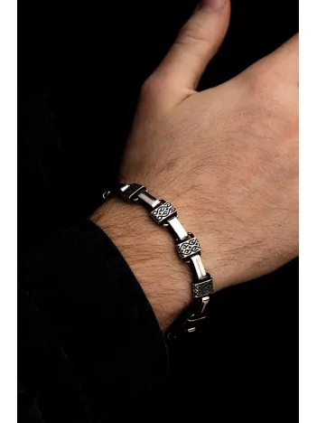 Erkek Gümüş Bileklik - Etnik Desenli Blok Model 1 Gümüş Bileklik Künye