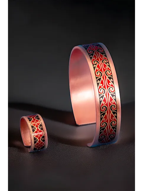 Kadın Bakır Bileklik Yüzük Set - Katherina Model Özel Baskı Metal Kutu Ve Doğal Taşlar