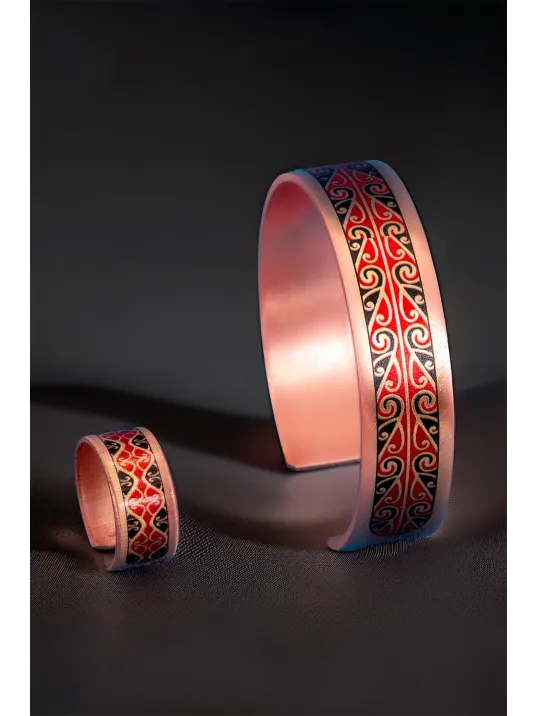 Kadın Bakır Bileklik Yüzük Set - Katherina Model Özel Baskı Metal Kutu Ve Doğal Taşlar