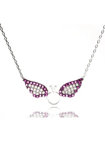 Tektaşlı Kanatlı Bordo Beyaz Bayan Gümüş Kolye