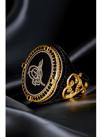 Erkek Altın Kaplama Osmanlı Tuğra İşlemeli Yanı Kalp Model 925 Ayar Gümüş Yüzük