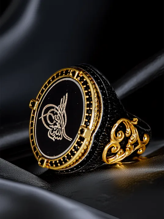 Erkek Altın Kaplama Osmanlı Tuğra İşlemeli Yanı Kalp Model 925 Ayar Gümüş Yüzük