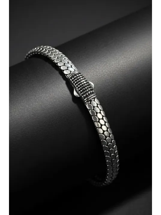 Erkek Gümüş Bileklik - Mezopotamya Oksitli Zirkon Taş Detaylı 925 Ayar Erkek Gümüş Bilezik