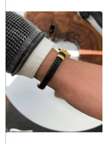 Erkek Bileklik - Deri Erkek Bileklik - Taşlı Altın Kaplama Erkek Bileklik - Taşlı Pusula Model