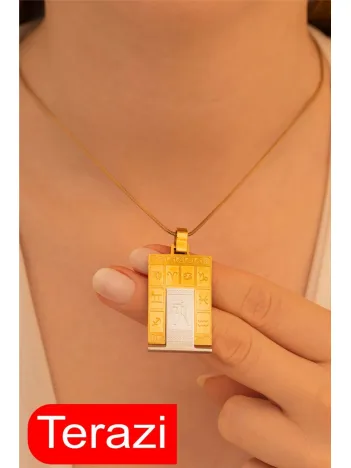 Kadın Çelik Kolye - Çelik Dikdörtgen Model Burç İşlemeli Kadın Kolye