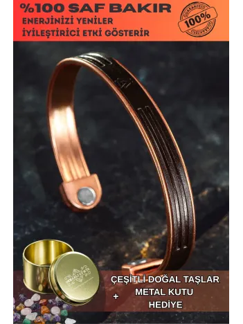 Erkek Kadın Bakır Bileklik - Hakiki Deri Viking İskandinav Mıknatıslı Metal Kutu Ve Doğal Taşlar