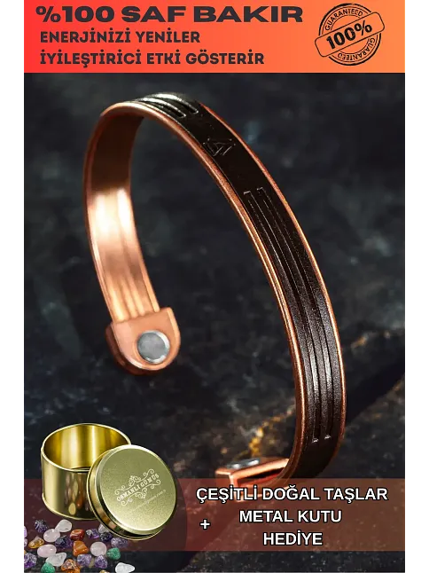 Erkek Kadın Bakır Bileklik - Hakiki Deri Viking İskandinav Mıknatıslı Metal Kutu Ve Doğal Taşlar