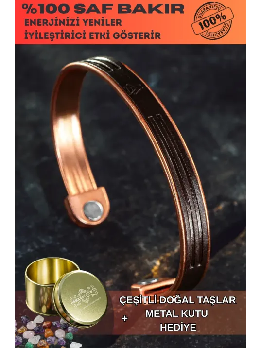 Erkek Kadın Bakır Bileklik - Hakiki Deri Viking İskandinav Mıknatıslı Metal Kutu Ve Doğal Taşlar