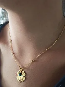 Gold Kaplama Altın Renk Top Zincir Nazar Boncuklu Yonca Bijuteri Kolye