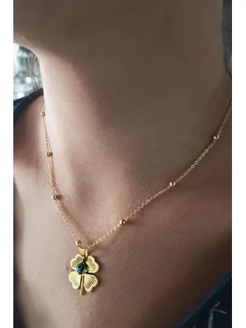 Gold Kaplama Altın Renk Top Zincir Nazar Boncuklu Yonca Bijuteri Kolye