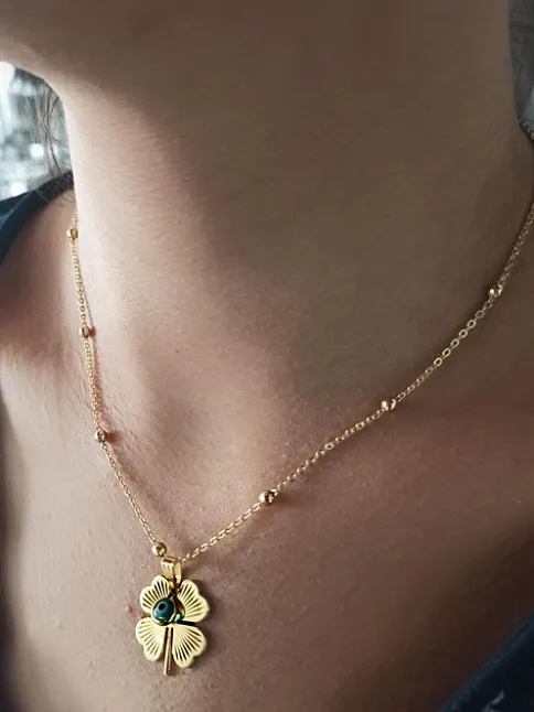 Gold Kaplama Altın Renk Top Zincir Nazar Boncuklu Yonca Bijuteri Kolye