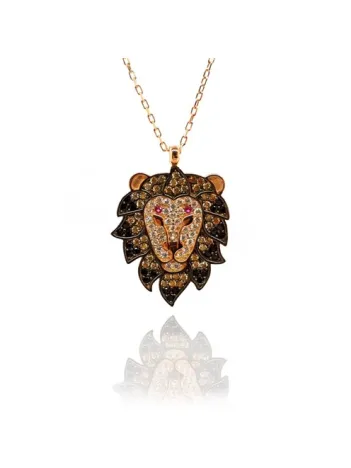 Aslan Başlı Renkli Zirkon Taşlı Bayan Gümüş Kolye GKLASLANBAS-ROS