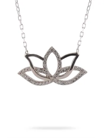 Lotus Çiçeği Beyaz Zirkon Taşlı Bayan 925 Ayar Gümüş Kolye GKLLOTUSKLY-GMS