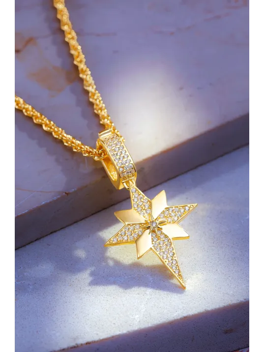 Kadın 925 Ayar Gümüş 18 Ayar Altın Kaplama Kutup Yıldızı Kolye – Taşlı Zarif Tasarım