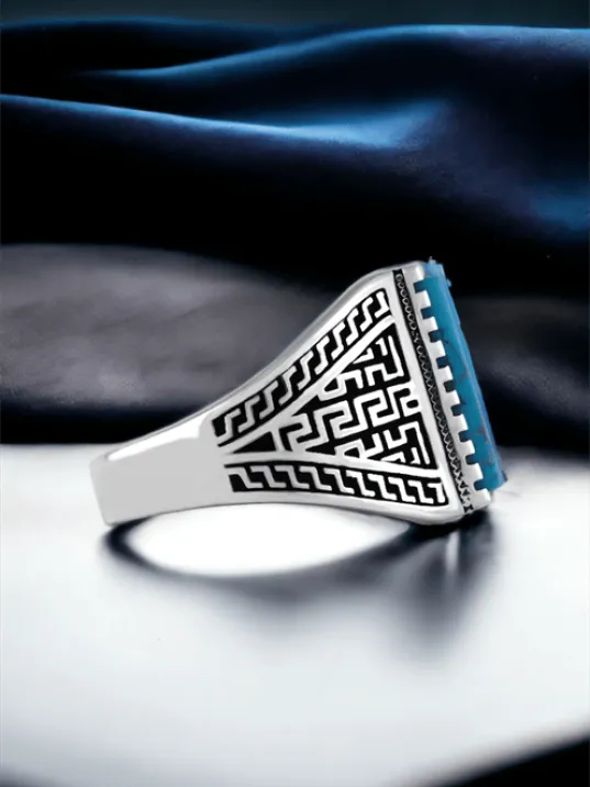 Erkek Gümüş Yüzük - 925 Ayar Grek Desenli Firuze Mavi Taşlı Gümüş Yüzük Erkek Gümüş Yüzük - 925 Ayar Grek Desenli Firuze Mavi Taşlı Gümüş Yüzük