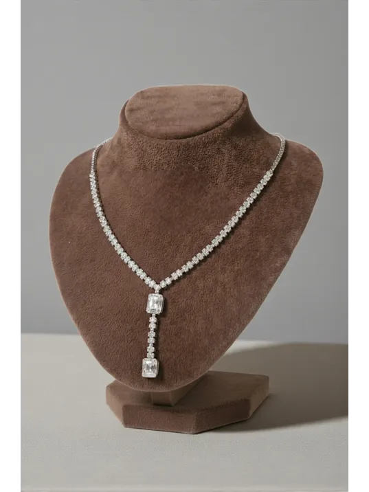 Kadın Gümüş Kolye - Ayfer Baget Taşlı Kare Su Yolu Kolye