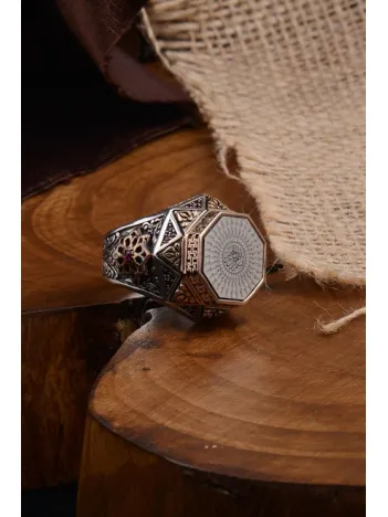 Otuzbeş 35 Besmele Yazılı Yanı Zirkon Taşlı İşlemeli Erkek Gümüş Yüzük