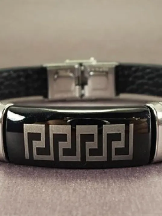 OttoMan Grek Motifli Suni Deri Çelik Erkek Bileklik