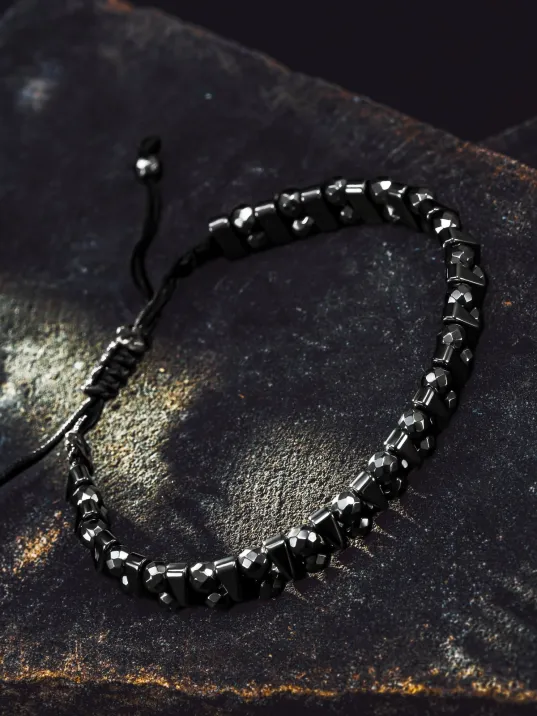 Erkek Kadın Doğal Taş Bileklik - Siyah Hematit Doğal Taşlı Makrome Yuvarlak Model Unisex Bileklik