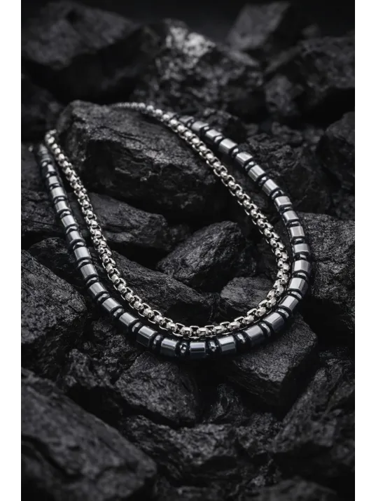 Erkek Çelik Bileklik - Çift Sıra Polo Zincir Doğal Hematit Taşlı Çelik Bilezik