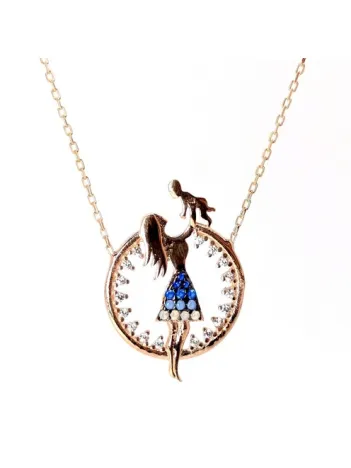 Mavi Taşlı Anne Bebek Rose Renk Bayan Gümüş Kolye