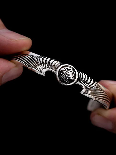 Erkek Gümüş Bileklik - Kartal Motifli Kelepçe Model Gümüş Bilekli