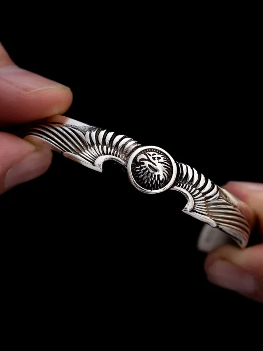 Erkek Gümüş Bileklik - Kartal Motifli Kelepçe Model Gümüş Bilekli