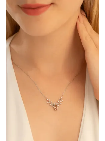 Kadın Gümüş Kolye - Zultanit Taşlı Geyik Kafası Motifli Gümüş Kolye