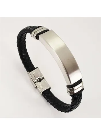 Yazı Yazılabilir Çelik Erkek Bileklik Künye Deri Kordonlu