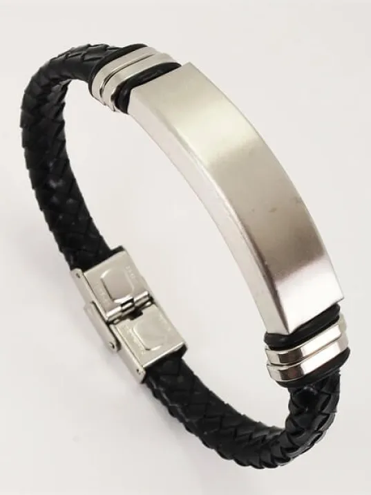 Yazı Yazılabilir Çelik Erkek Bileklik Künye Deri Kordonlu