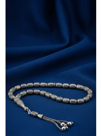 Erkek Gümüş Tespih - 925 Ayar Oksitli Model Delikli Kapsül Kesim Tesbih