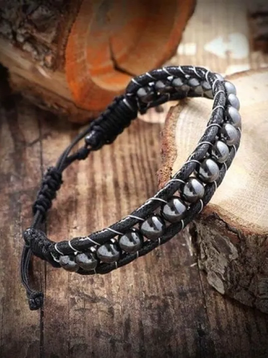 Yuvarlak Hematit Doğaltaş Erkek Bayan Makrome Bileklik