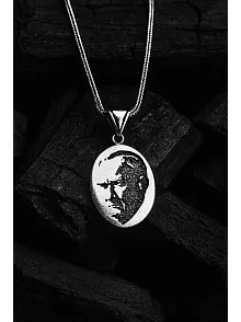 Erkek Gümüş Kolye - Oval Atatürk Motifli Erkek Gümüş