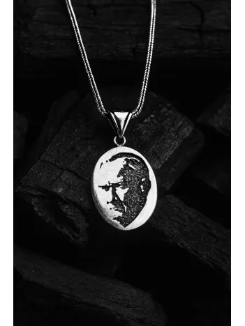 Erkek Gümüş Kolye - Oval Atatürk Motifli Erkek Gümüş