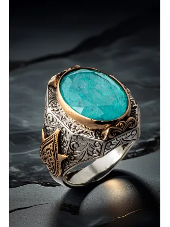 Erkek Turkuaz Zirkon Taşlı Yanı Lale Motifli 925 Ayar Gümüş Yüzük