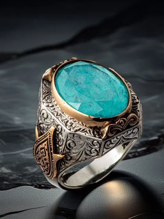 Erkek Turkuaz Zirkon Taşlı Yanı Lale Motifli 925 Ayar Gümüş Yüzük