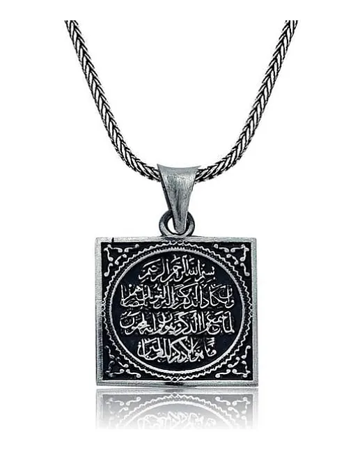 Erkek Gümüş Kolye - Nazar Duası İşlemeli Kare Model Erkek Kolye