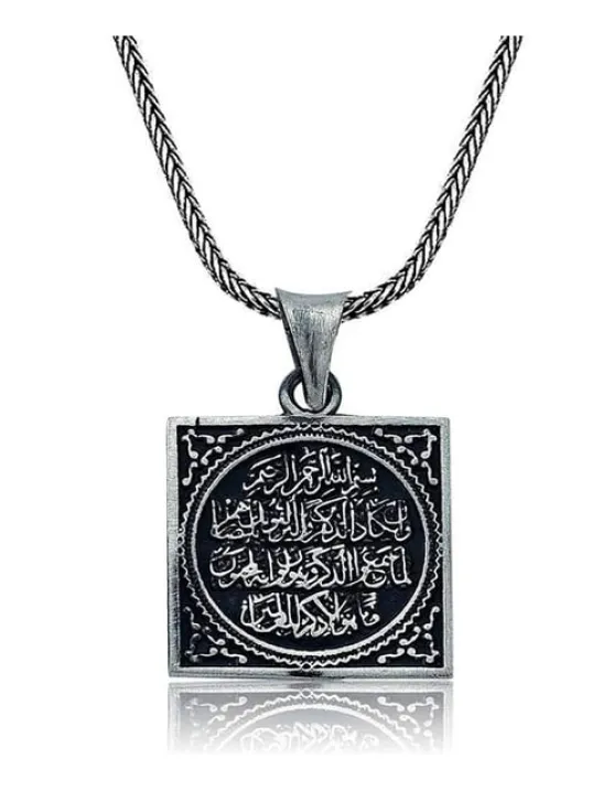 Erkek Gümüş Kolye - Nazar Duası İşlemeli Kare Model Erkek Kolye