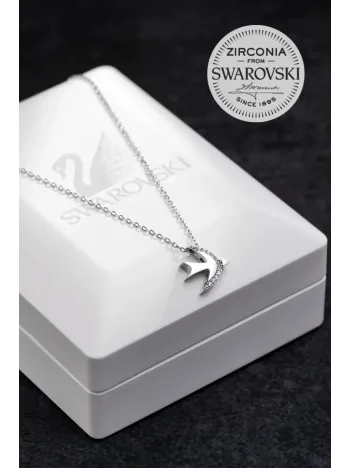 Kadın Gümüş Kolye - Swarovski Taşlı Tek Sıra Zirconia Ay Motifli Kuş Kadın Kolye