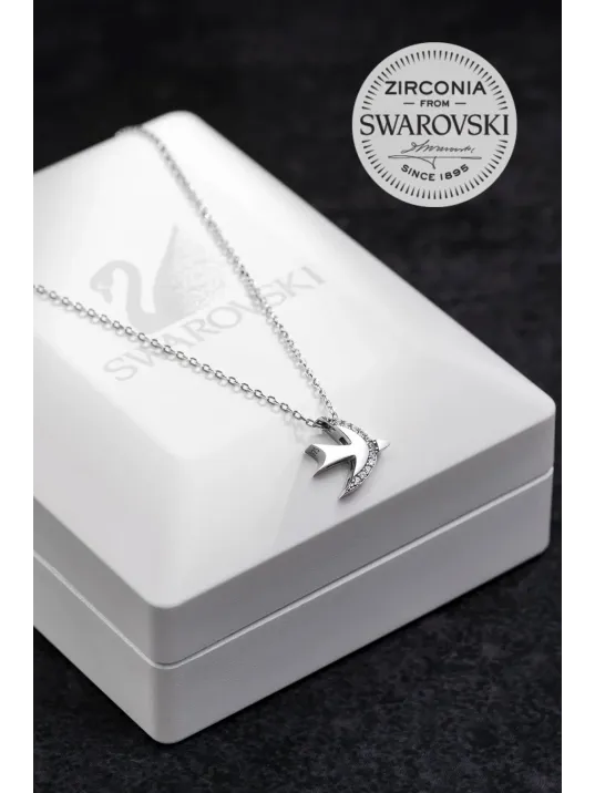 Kadın Gümüş Kolye - Swarovski Taşlı Tek Sıra Zirconia Ay Motifli Kuş Kadın Kolye