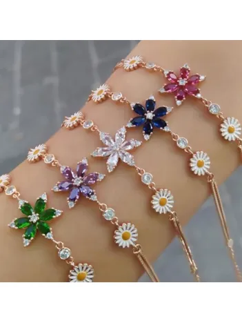 Rose Rengi Nergis Çiçeği Zirkon Taşlı Bayan Gümüş Bileklik-Pembe