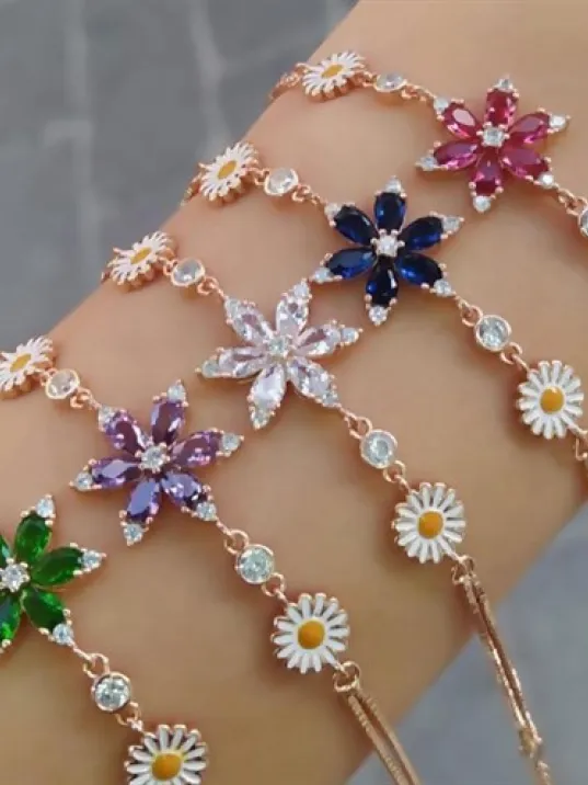 Rose Rengi Nergis Çiçeği Zirkon Taşlı Bayan Gümüş Bileklik-Pembe