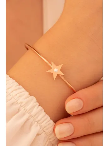 Kadın Gümüş Bileklik - El Yapımı Rose Kaplama Gümüş Zirkon Taşlı Yıldız Motifli Kadın Bileklik