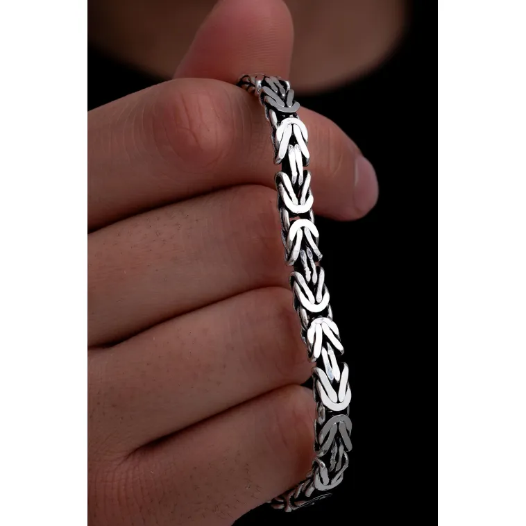 Erkek Gümüş Bileklik - 6.5mm Dikdörtgen Kesim Yassı Kral Gümüş Bileklik