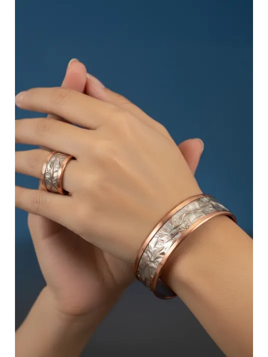 Kadın Bakır Set - Beyaz Yıldız Tozu Model Bakır Kadın Kolye Bileklik Yüzük Küpe Set