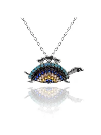 Turkuaz ve Zirkon Taşlı Kaplumbağa Model Bayan Gümüş Kolye Zincir GKLKAPLUMBA