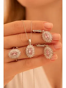Kadın Gümüş Set - Mekik Model Pembe Zirkon Taşlı Baget Süslemeli Rodyumlu Kadın Set