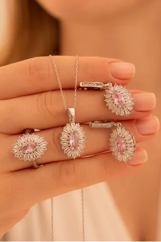 Kadın Gümüş Set - Mekik Model Pembe Zirkon Taşlı Baget Süslemeli Rodyumlu Kadın Set
