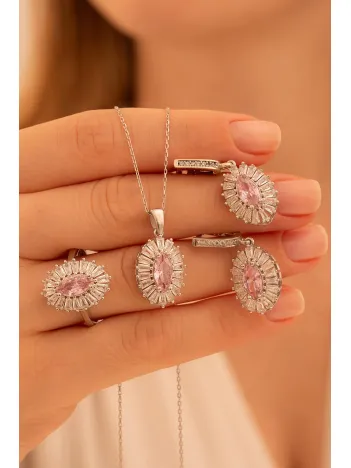 Kadın Gümüş Set - Mekik Model Pembe Zirkon Taşlı Baget Süslemeli Rodyumlu Kadın Set