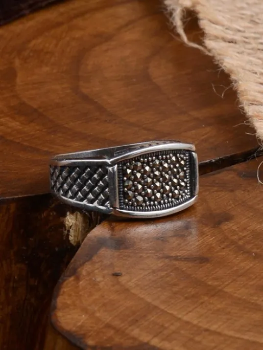 Markazit Oval Dikdörtgen Model Taşlı Erkek Gümüş Yüzük